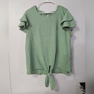 Absolutely Famous Green Flutter Sleeve Tie-Front Blouse